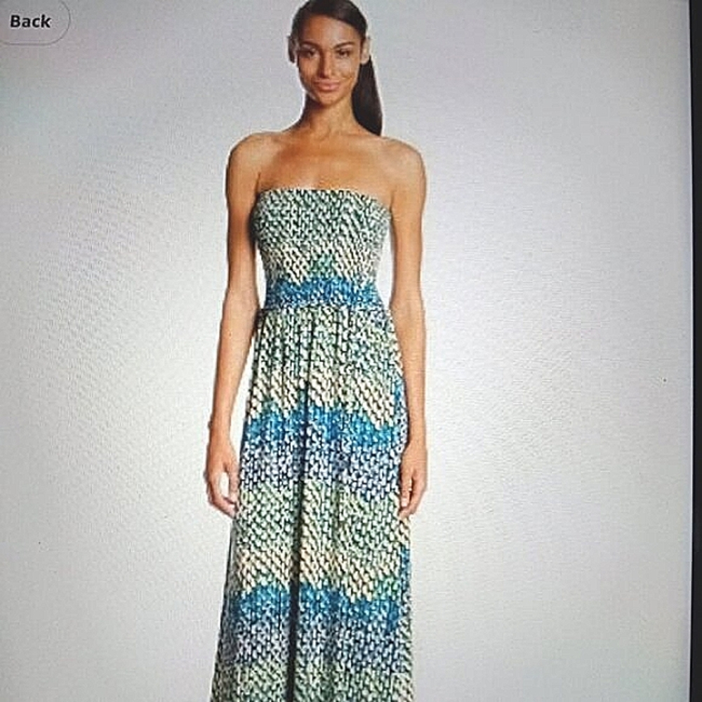 NWT Anne Klein Green Blue Shirring Geometric Strapless Maxi Dress